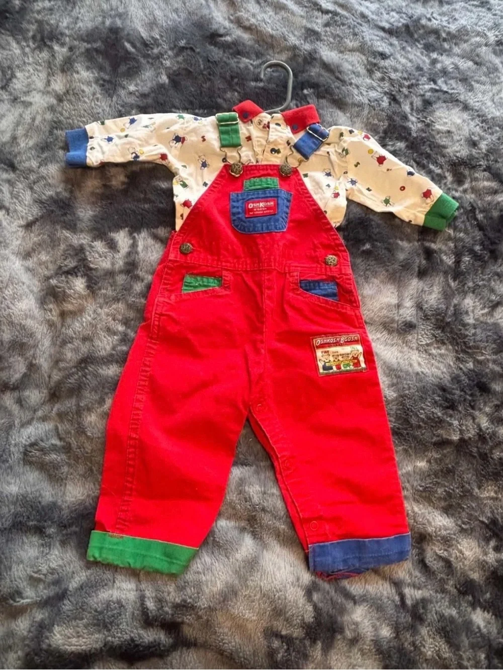 Vintage OshKosh B'gosh Bright Red Overalls with Green & Blue Accents and shirt